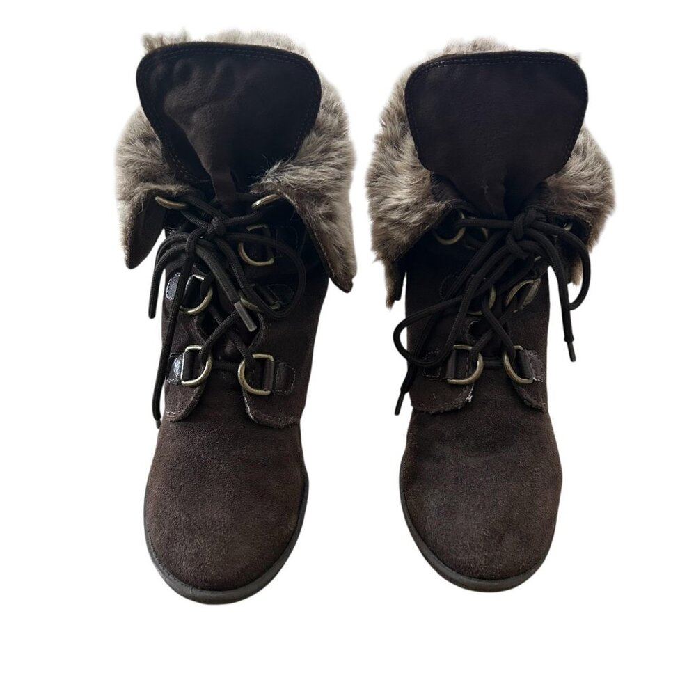 Bjornal Boots Womens Size 8.5 Brown Faux Fur Wedge Lace Up Leather Upper Winter - Picture 4 of 11